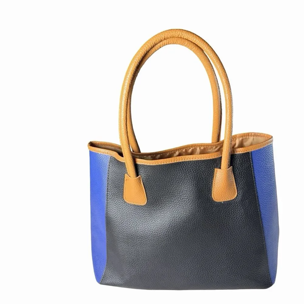 Neiman Marcus Tote Bag Colorblock Pebbled Faux Leather Black, Royal Blue, Tan
